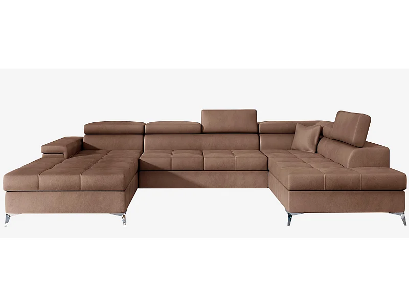 Canapé panoramique velours marron clair coffre de rangement à gauche Kutty 345cm