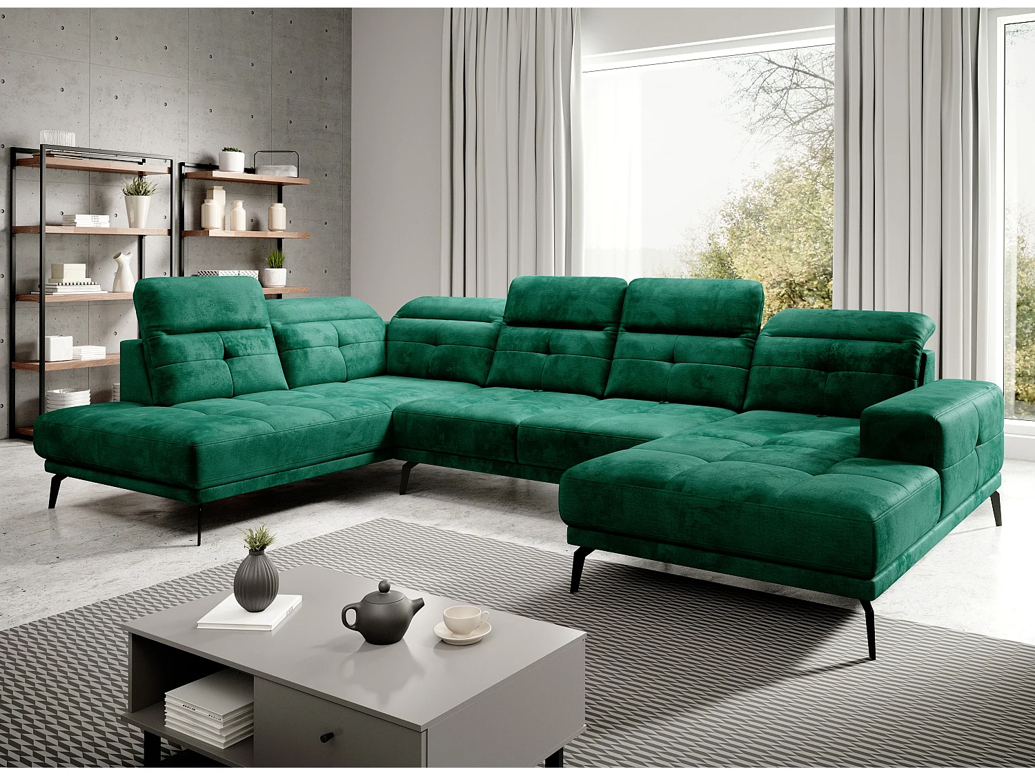 Moderne panoramische bank groene stof hoofdsteunen links hoek Versus 350 cm