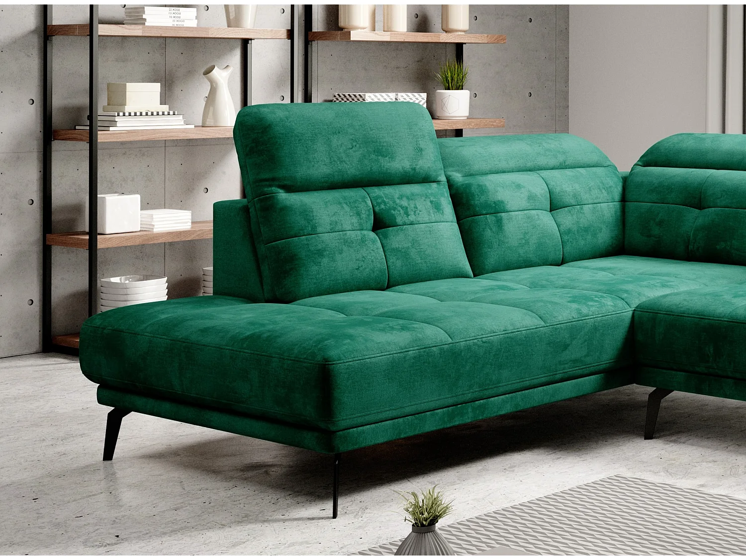 Canapé panoramique moderne tissu vert têtières angle gauche Versus 350cm