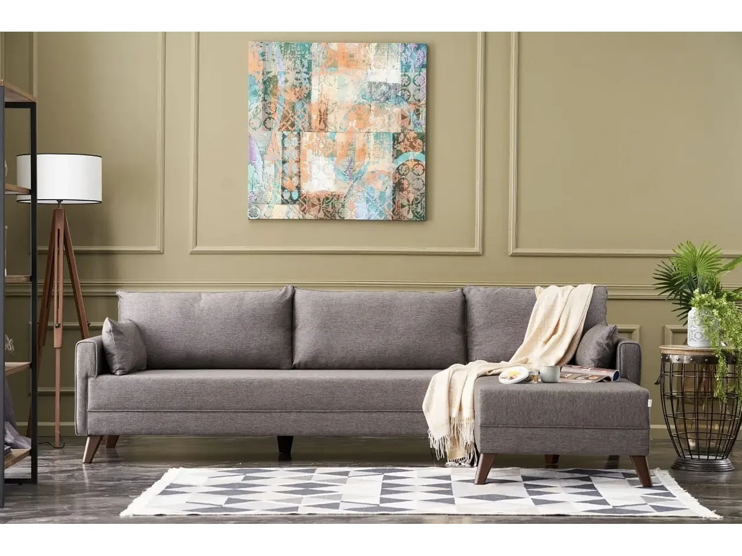 5-zits hoekbank rechts lichtbruin stof Kandy 275 cm