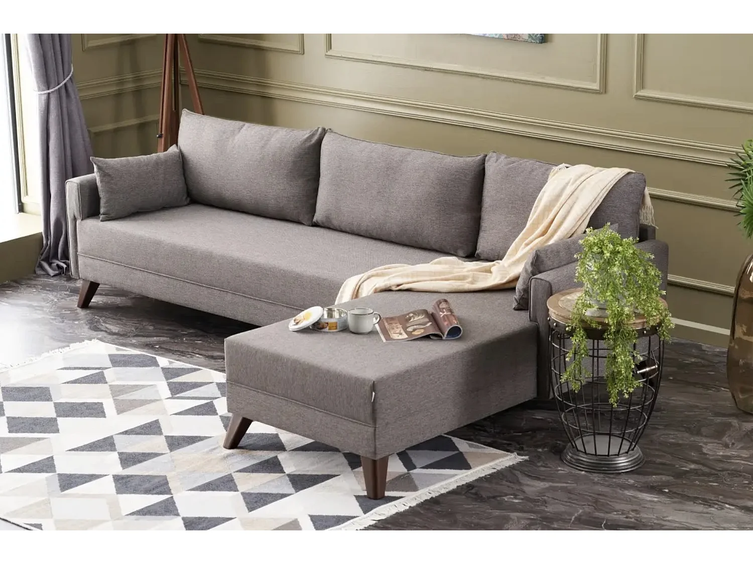 Canapé d'angle droit 5 places tissu marron clair Kandy 275cm