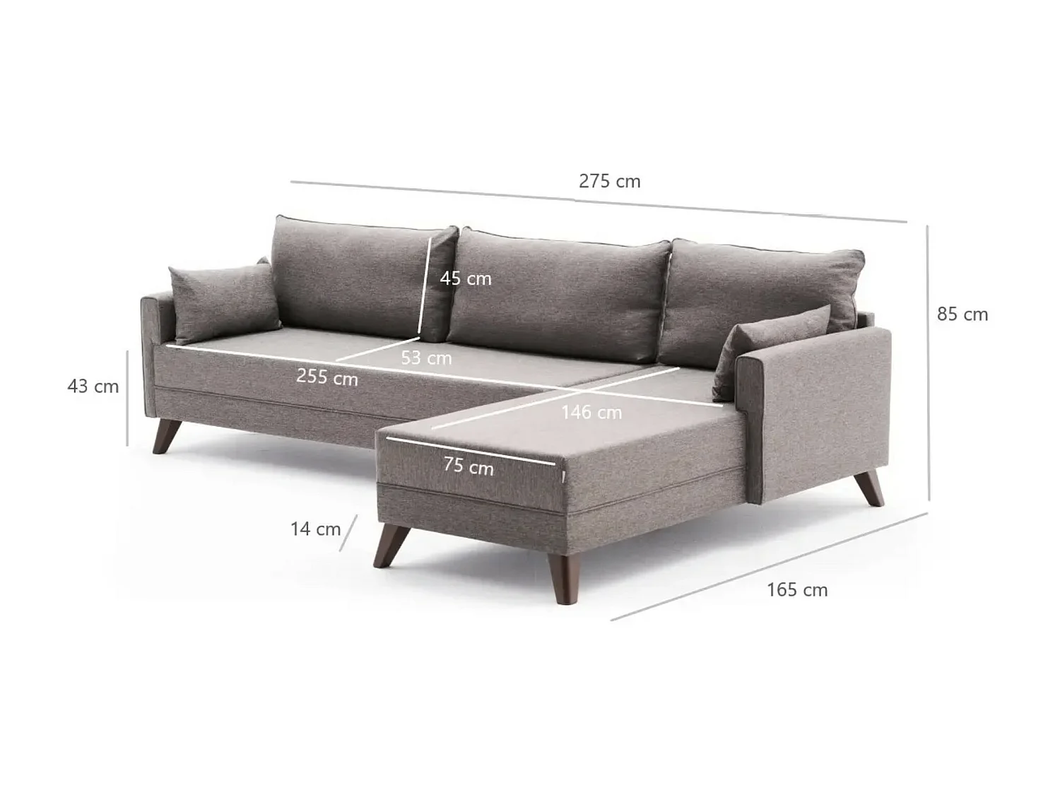 Canapé d'angle droit 5 places tissu marron clair Kandy 275cm