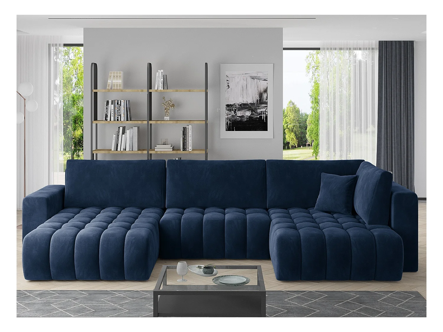Canapé panoramique convertible design capitonné tissu doux bleu foncé méridienne gauche Boston 350cm