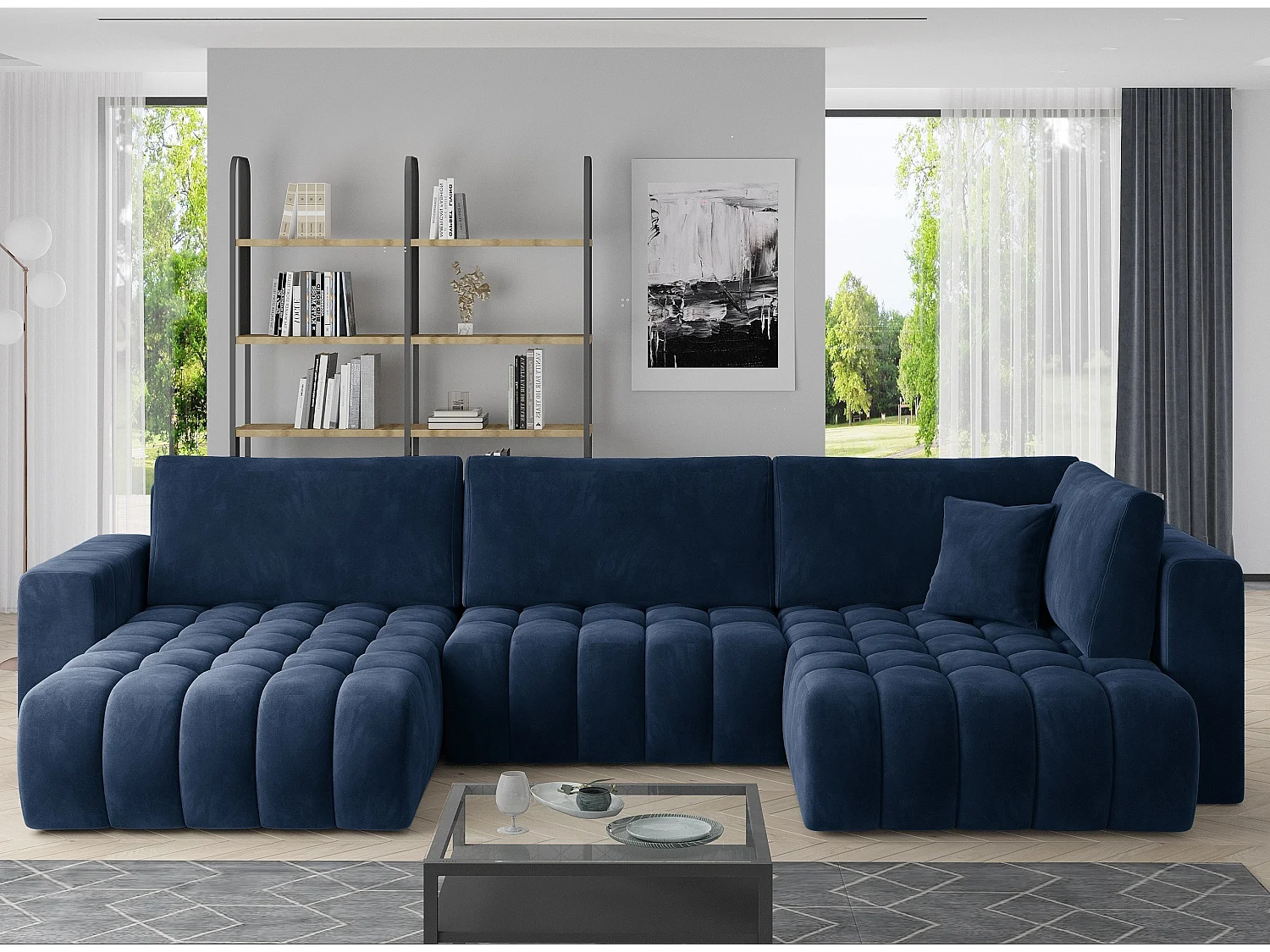 Canapé panoramique convertible design capitonné tissu doux bleu foncé méridienne gauche Boston 350cm
