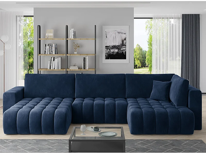 Panoramische converteerbare designbank gecapitonneerd zachte donkerblauwe stof links chaise longue Boston 350 cm