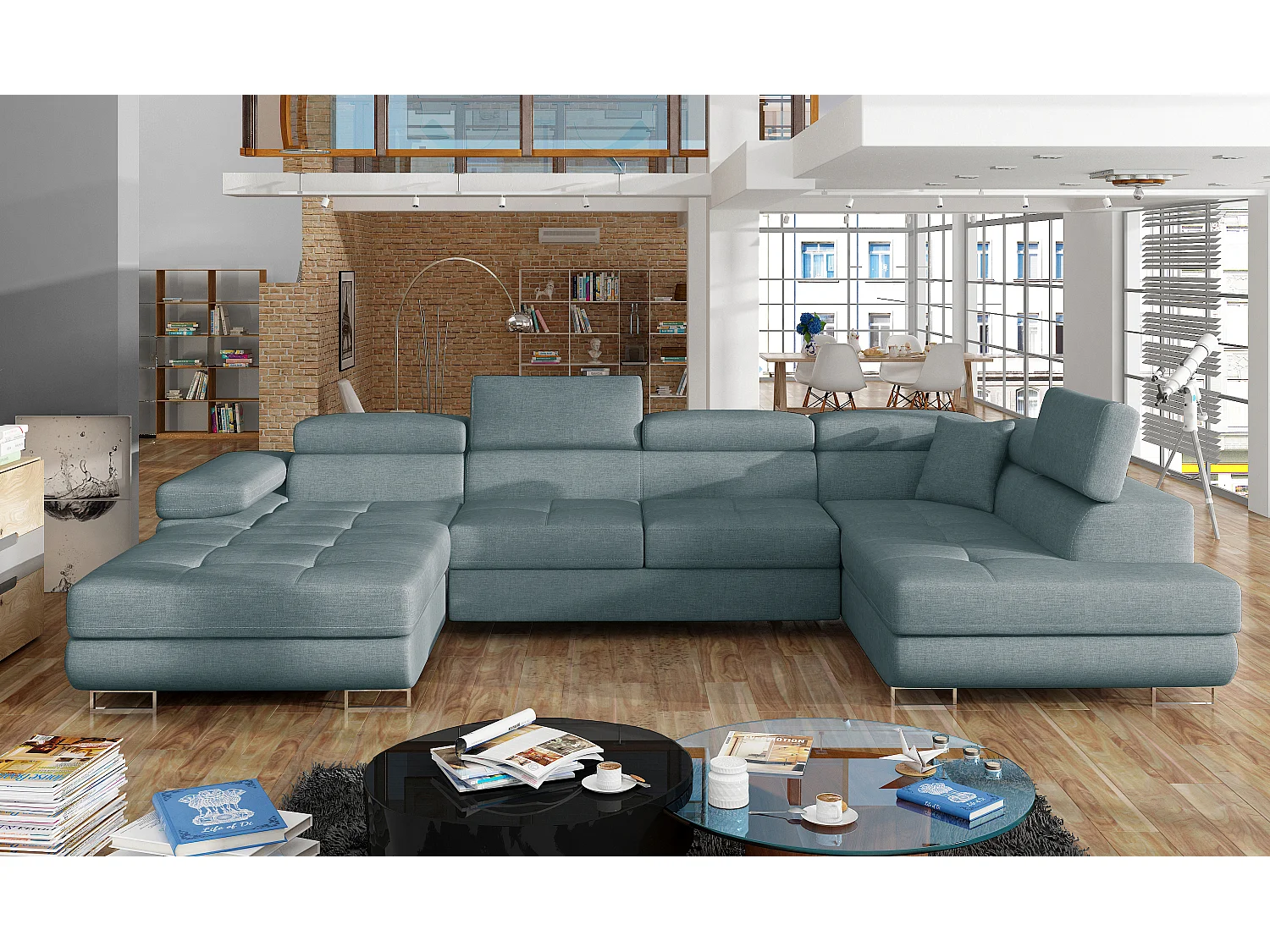 Canapé panoramique tissu vert sauge convertible avec coffre de rangement Romano 345cm-Coffre de rangement à droite