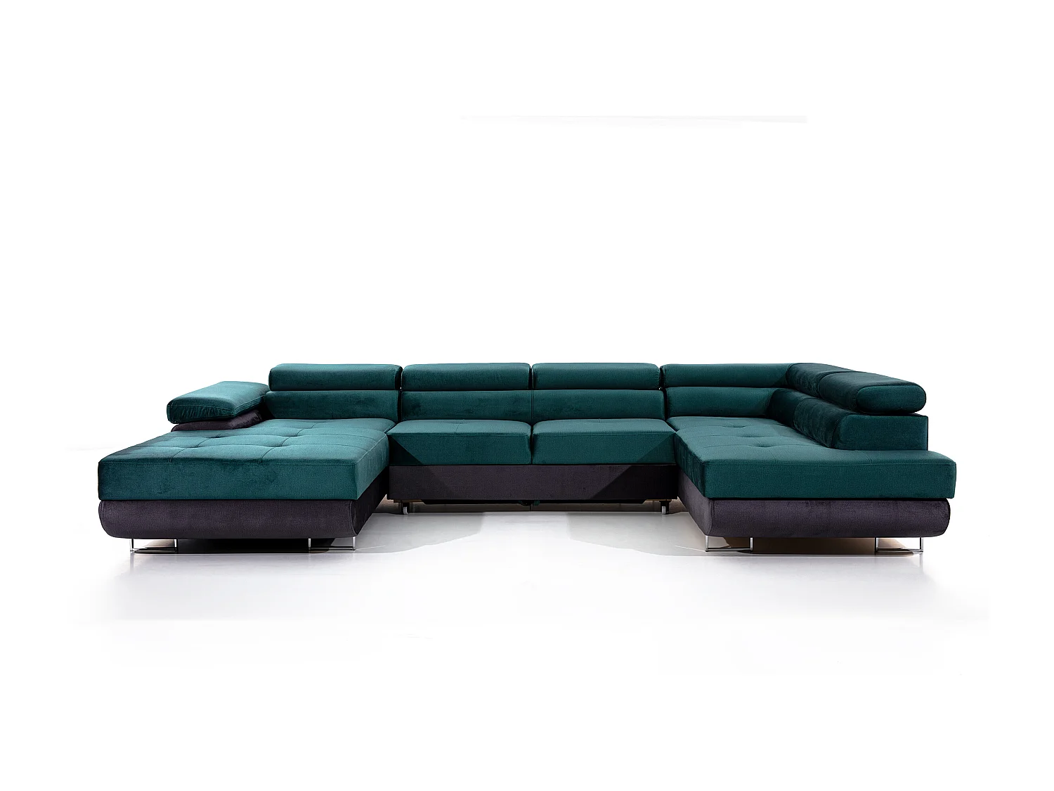 Canapé panoramique tissu vert sauge convertible avec coffre de rangement Romano 345cm-Coffre de rangement à droite