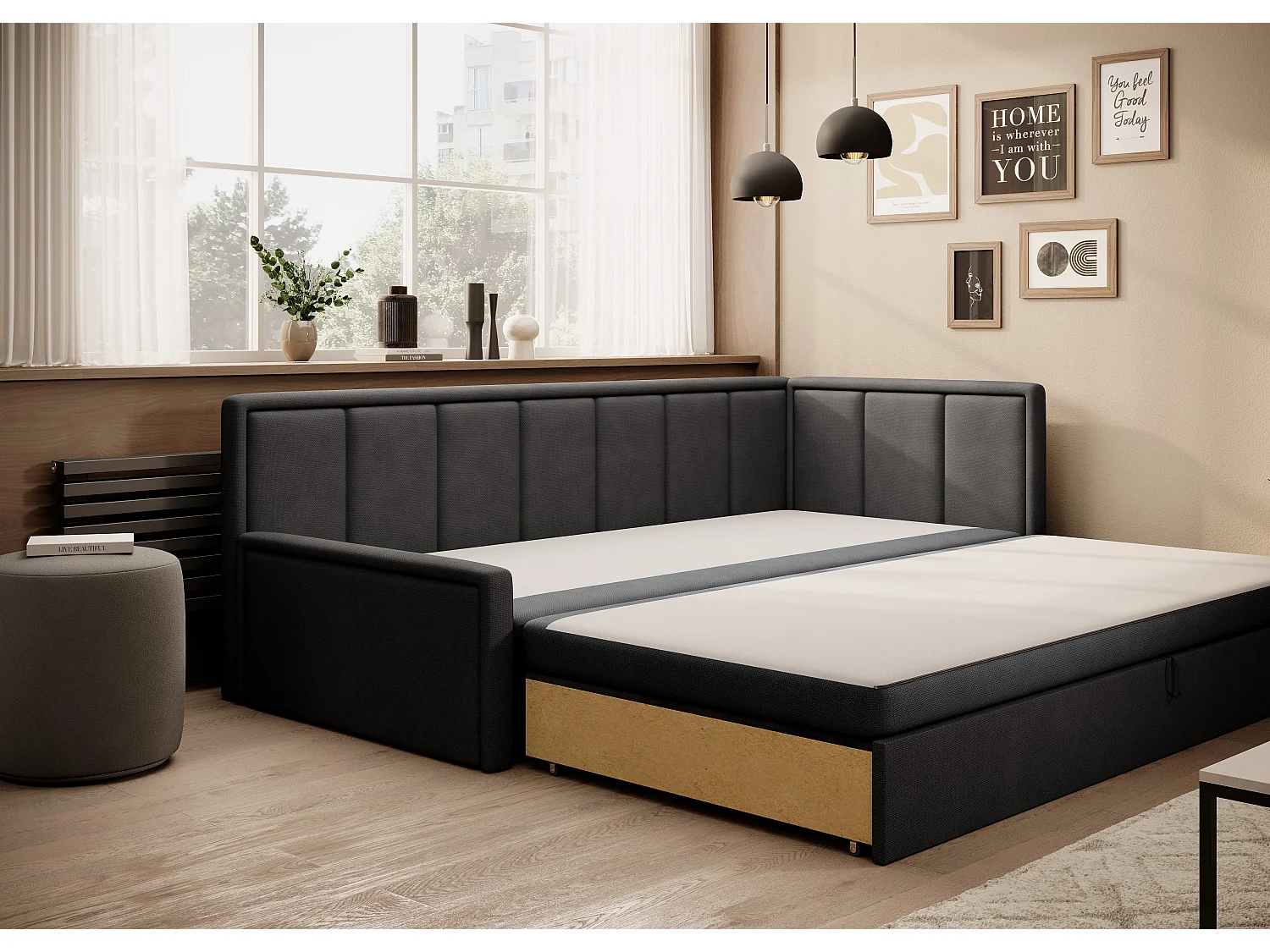 3-zits slaapbank in zachte stof Figo 214 cm-Kleur Donkergrijs-juiste hoek