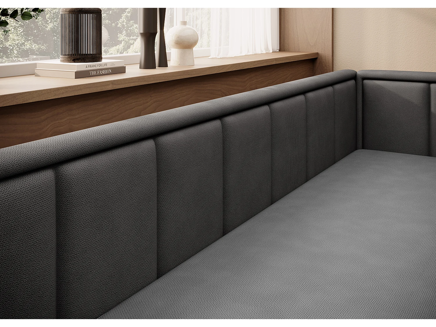 3-zits slaapbank in zachte stof Figo 214 cm-Kleur Donkergrijs-juiste hoek