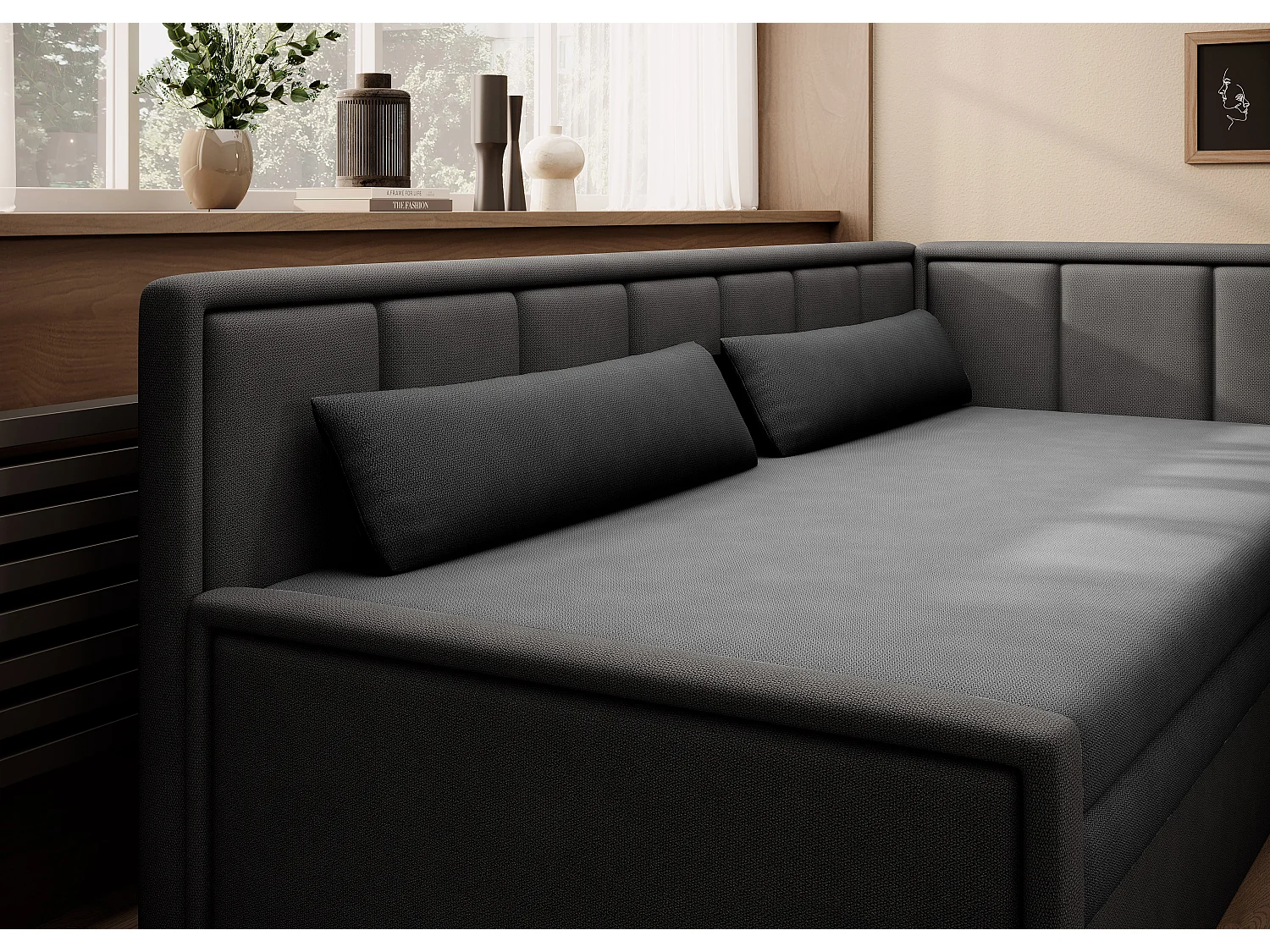 3-zits slaapbank in zachte stof Figo 214 cm-Kleur Donkergrijs-juiste hoek