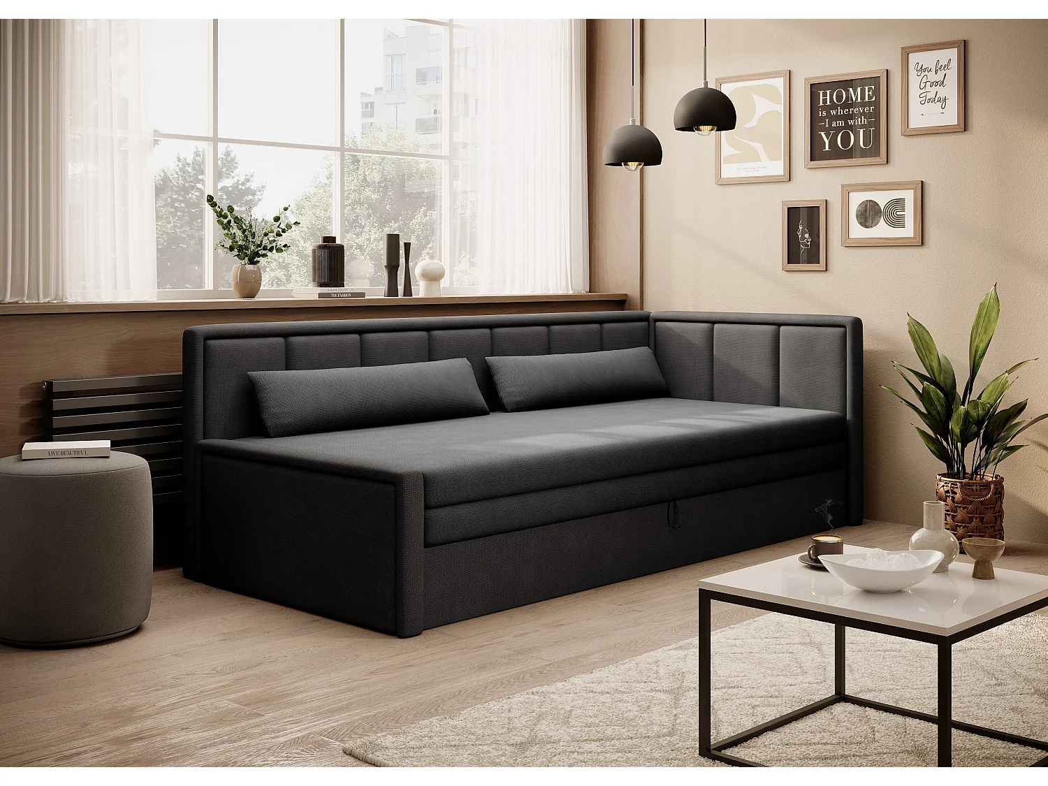 Canapé banquette convertible 3 places tissu doux Figo 214cm-Couleur Gris foncé-angle droit