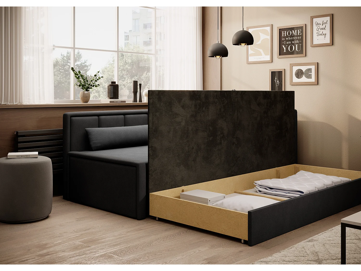 Canapé banquette convertible 3 places tissu doux Figo 214cm-Couleur Gris foncé-angle droit