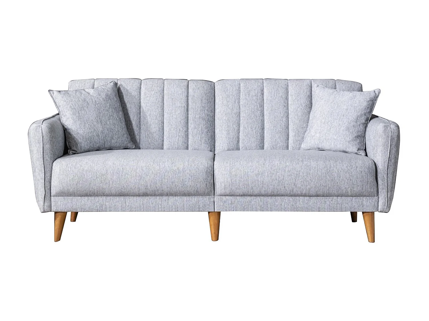 Canapé lit 3 places tissu lin gris clair et pieds bois naturel Shekal 210cm