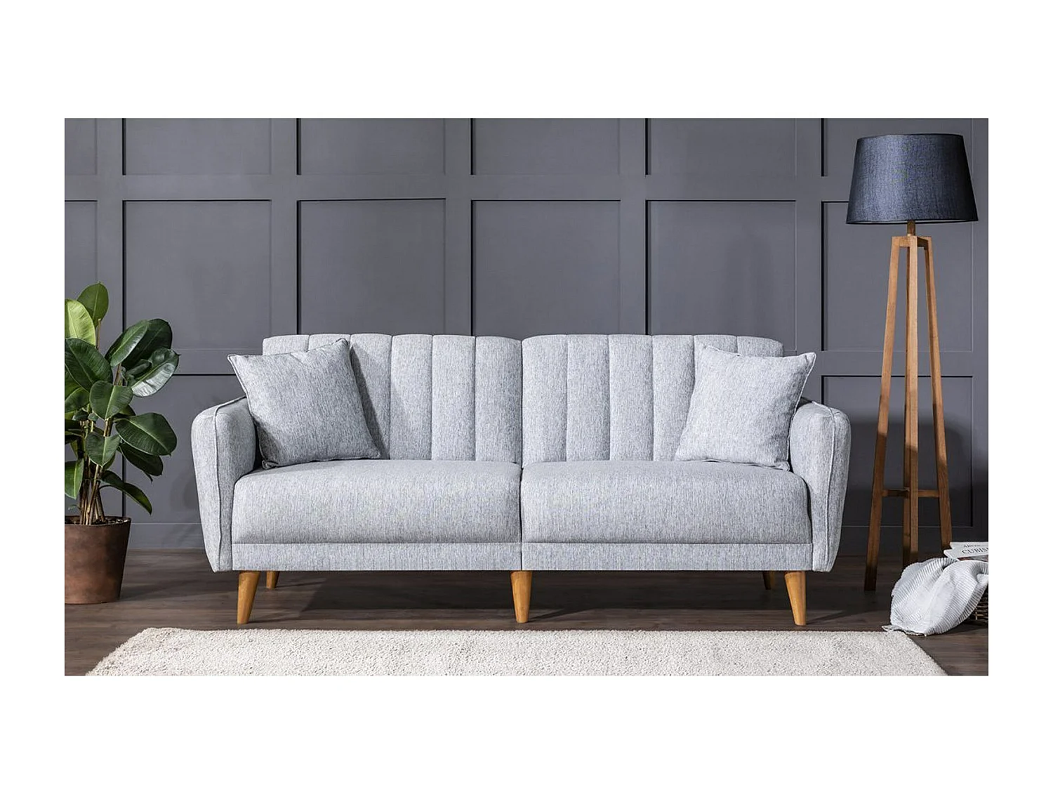 Canapé lit 3 places tissu lin gris clair et pieds bois naturel Shekal 210cm