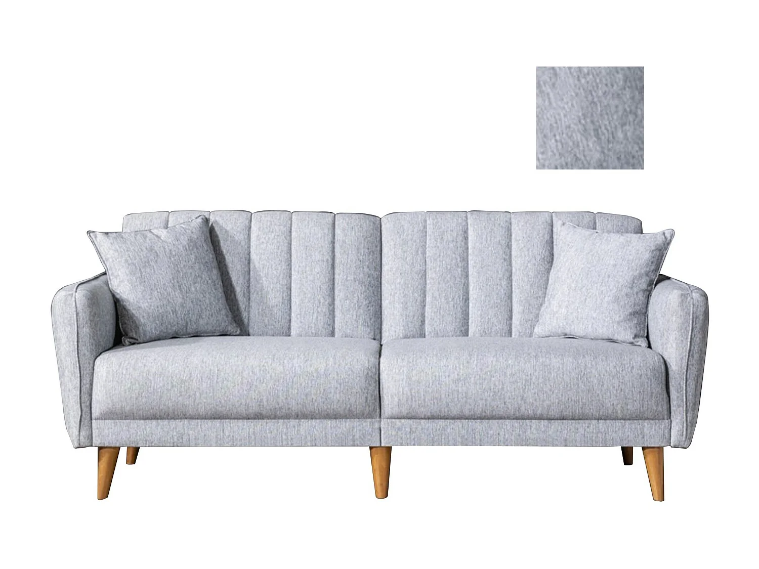 Canapé lit 3 places tissu lin gris clair et pieds bois naturel Shekal 210cm