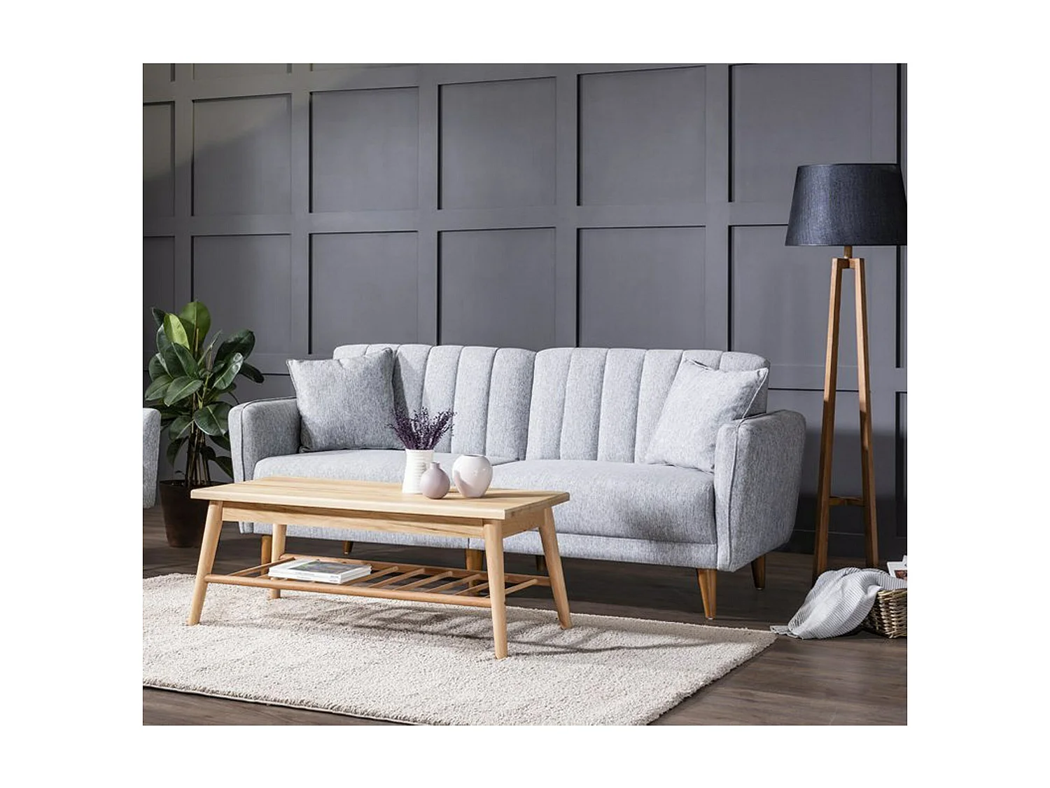 Canapé lit 3 places tissu lin gris clair et pieds bois naturel Shekal 210cm