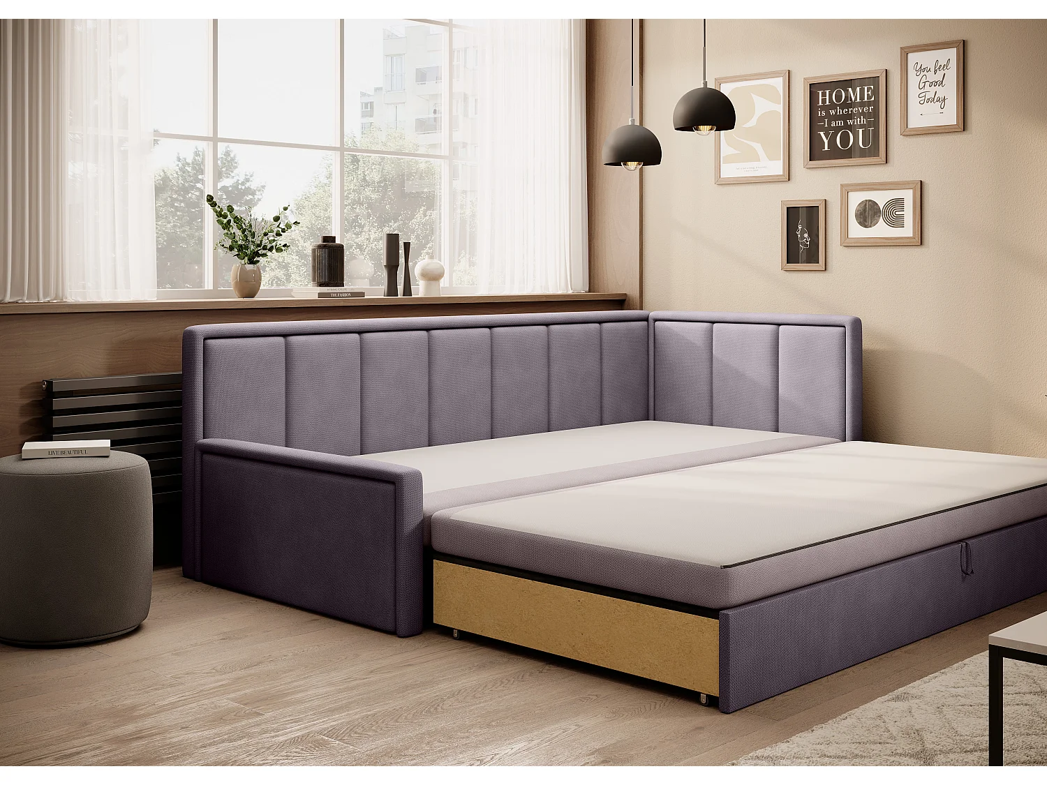 Canapé banquette convertible 3 places tissu doux Figo 214cm-Couleur Parme-angle droit