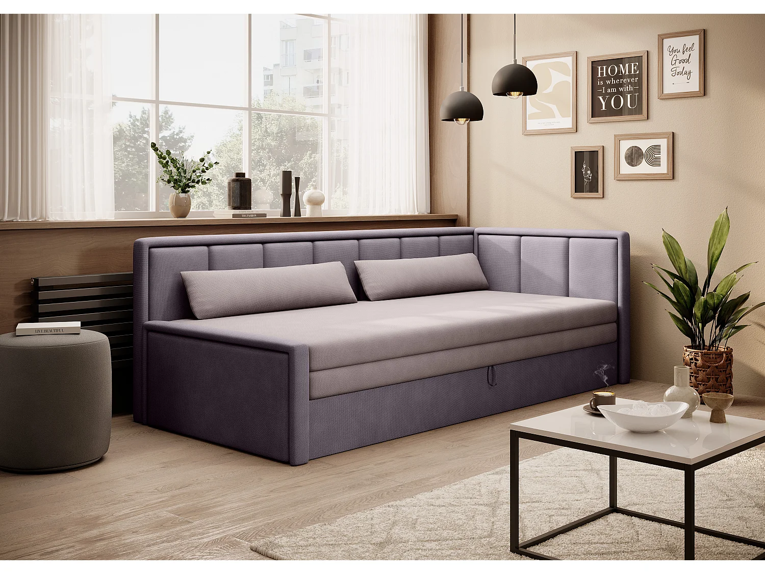 Canapé banquette convertible 3 places tissu doux Figo 214cm-Couleur Parme-angle droit