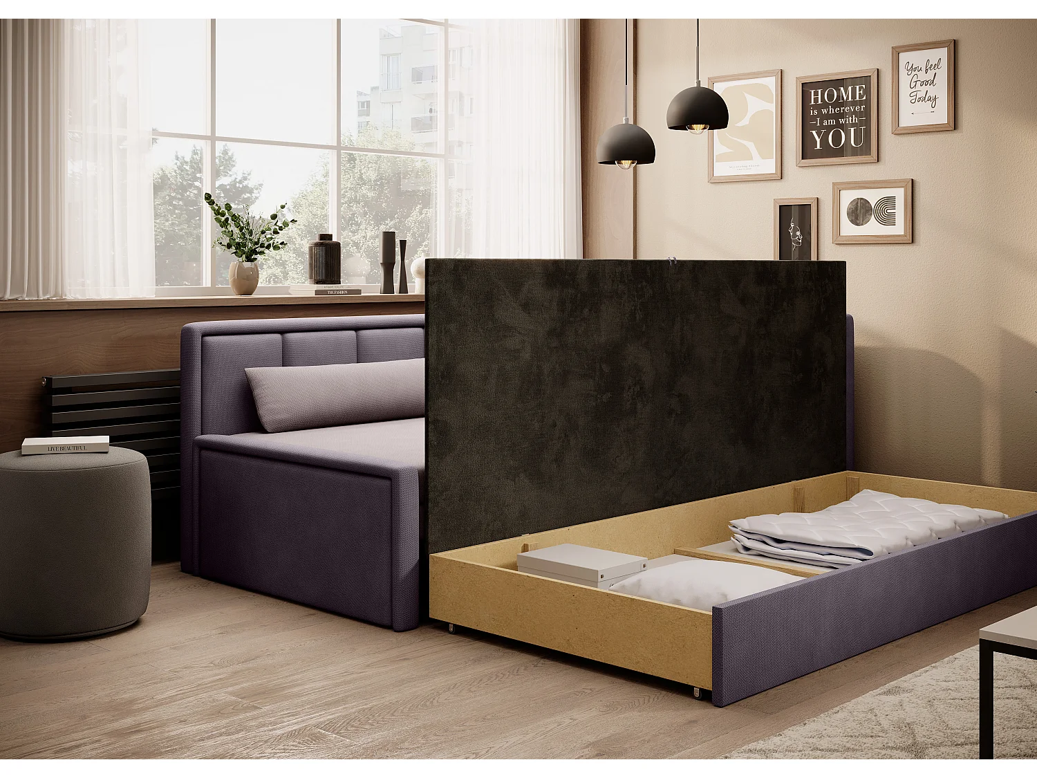 Canapé banquette convertible 3 places tissu doux Figo 214cm-Couleur Parme-angle droit