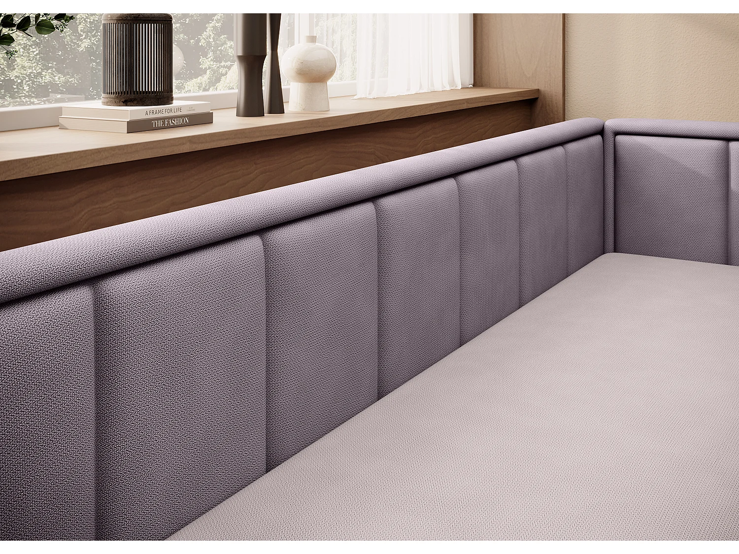 Canapé banquette convertible 3 places tissu doux Figo 214cm-Couleur Parme-angle droit