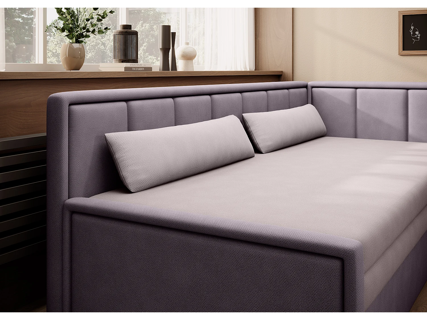 Canapé banquette convertible 3 places tissu doux Figo 214cm-Couleur Parme-angle droit