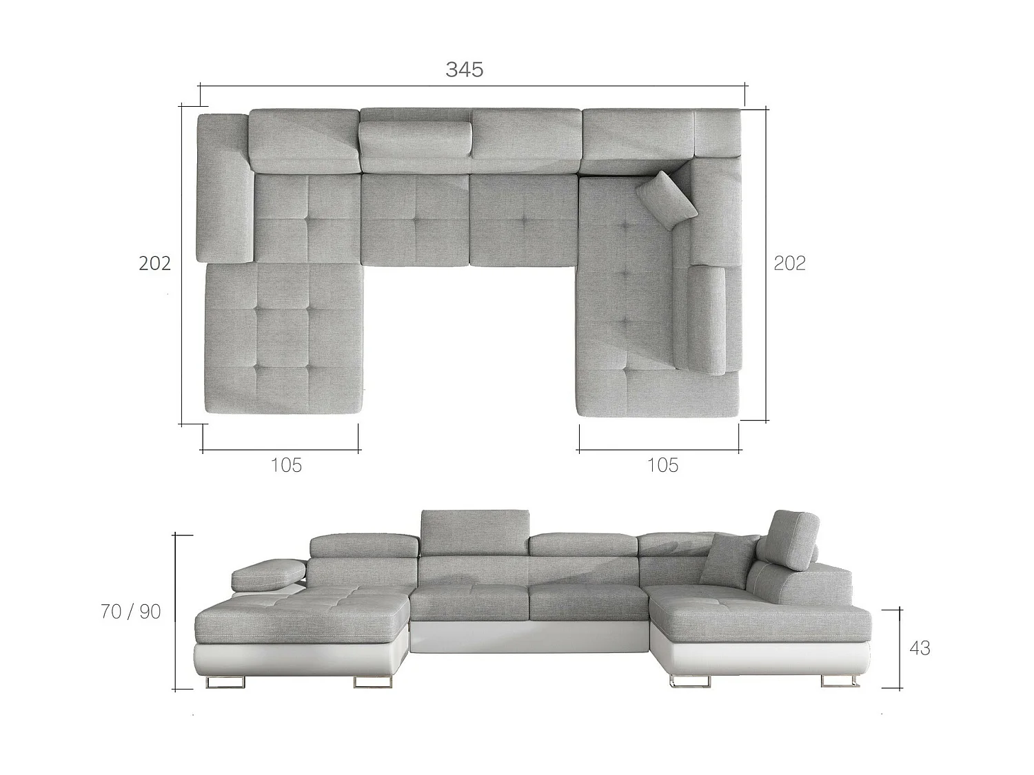 Canapé panoramique tissu gris convertible avec coffre de rangement Romano 345cm-Coffre de rangement à droite