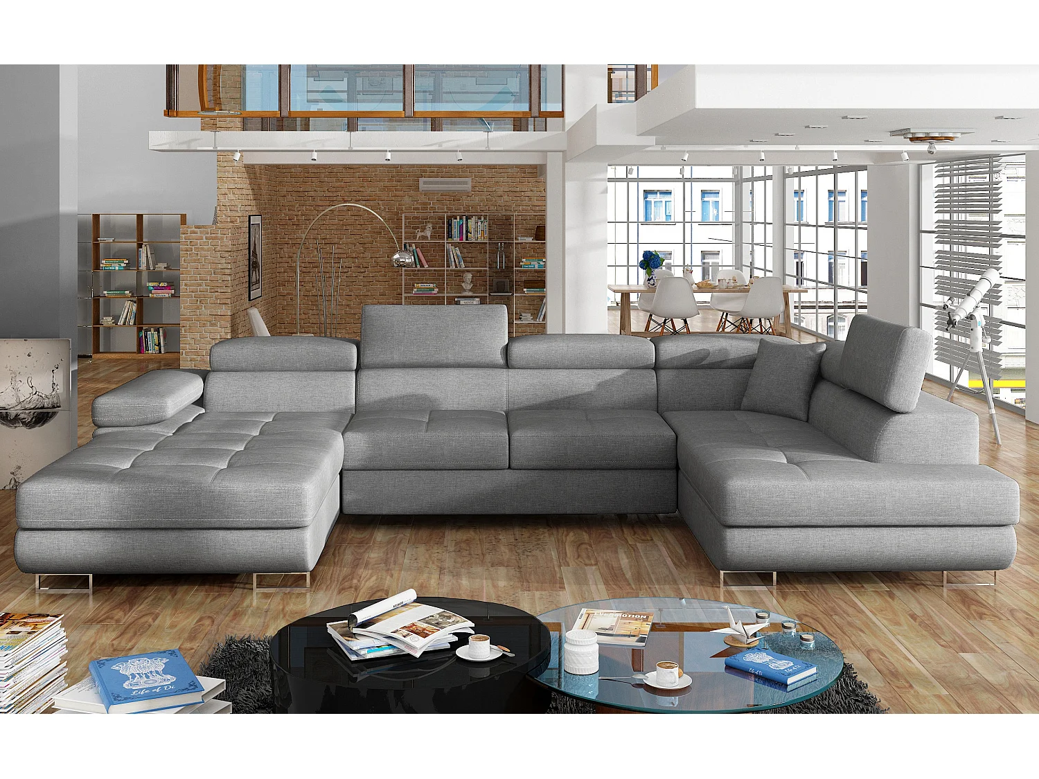 Canapé panoramique tissu gris convertible avec coffre de rangement Romano 345cm-Coffre de rangement à droite