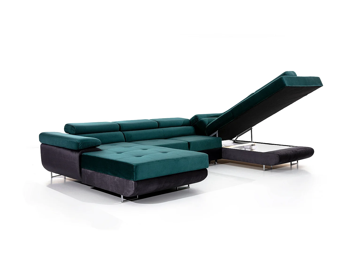 Canapé panoramique tissu gris convertible avec coffre de rangement Romano 345cm-Coffre de rangement à droite