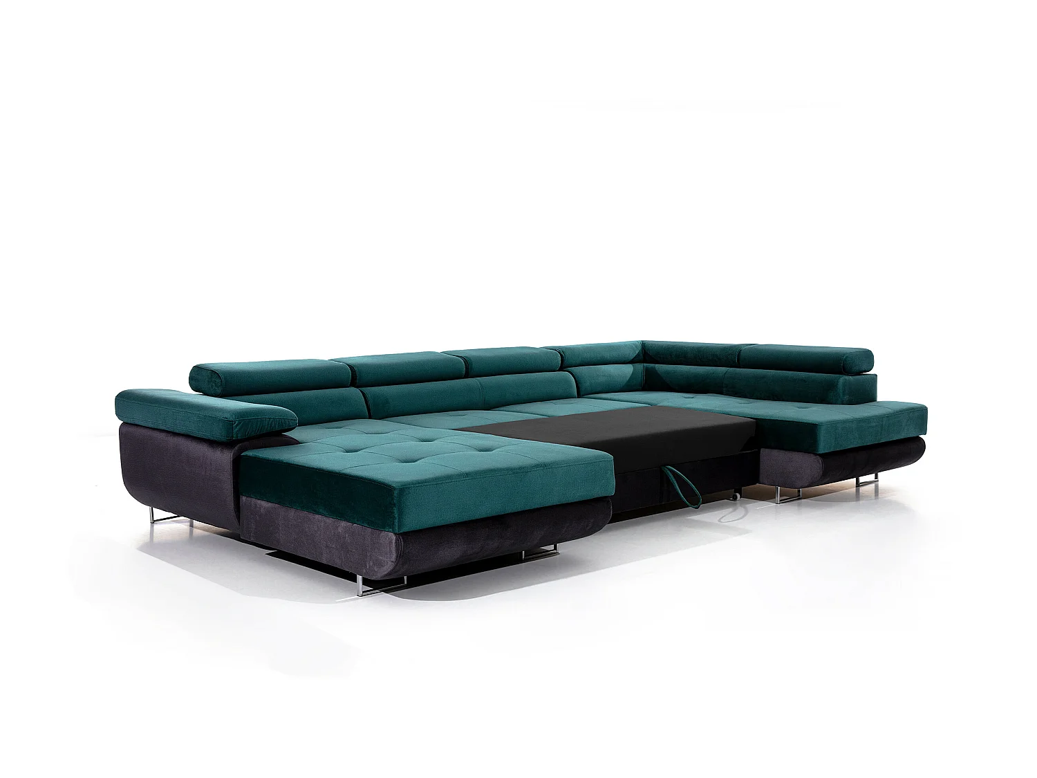 Canapé panoramique tissu gris convertible avec coffre de rangement Romano 345cm-Coffre de rangement à droite