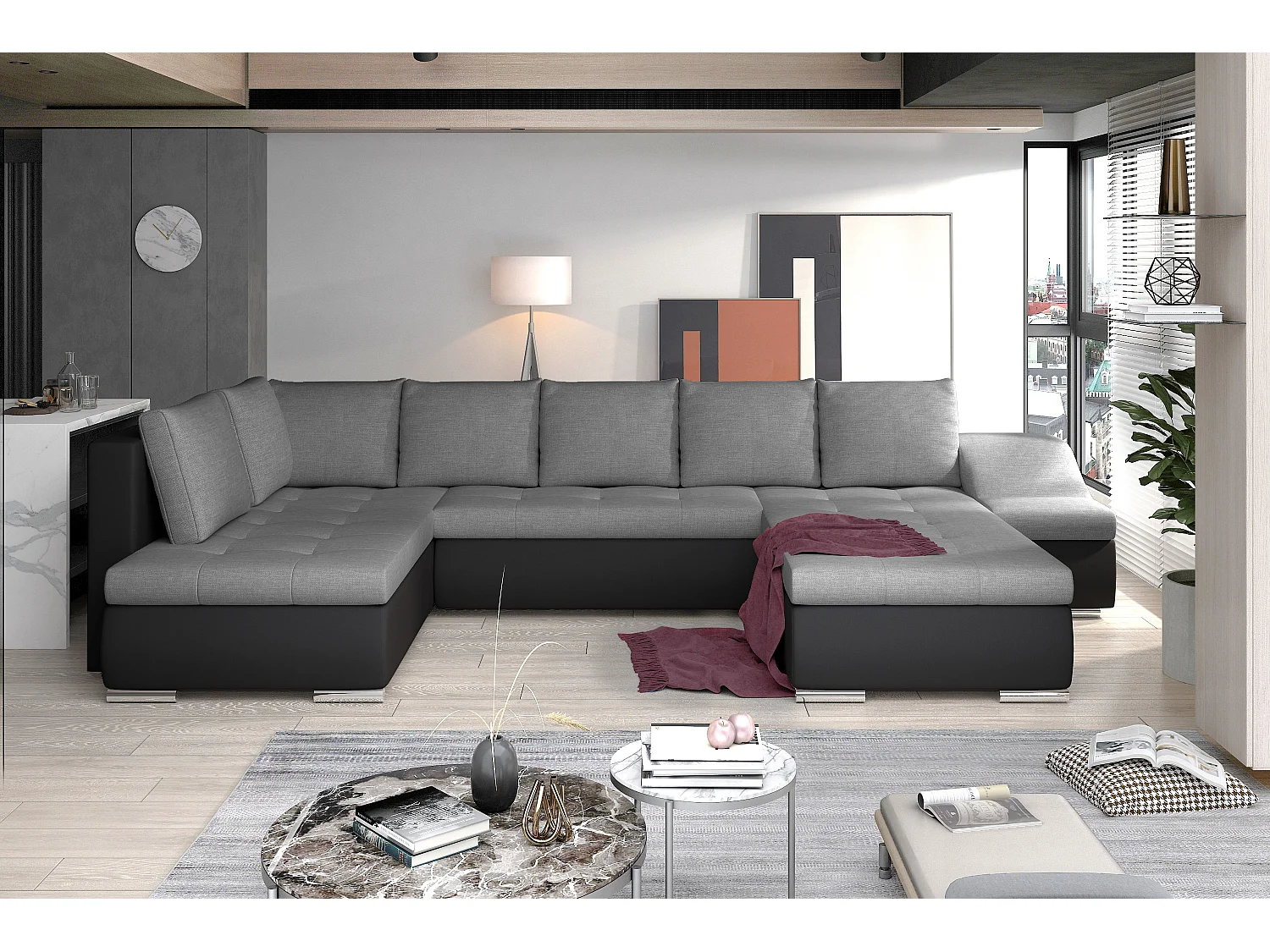 Canapé panoramique convertible tissu gris et simili cuir noir Jonaz 340cm-Méridienne A droite