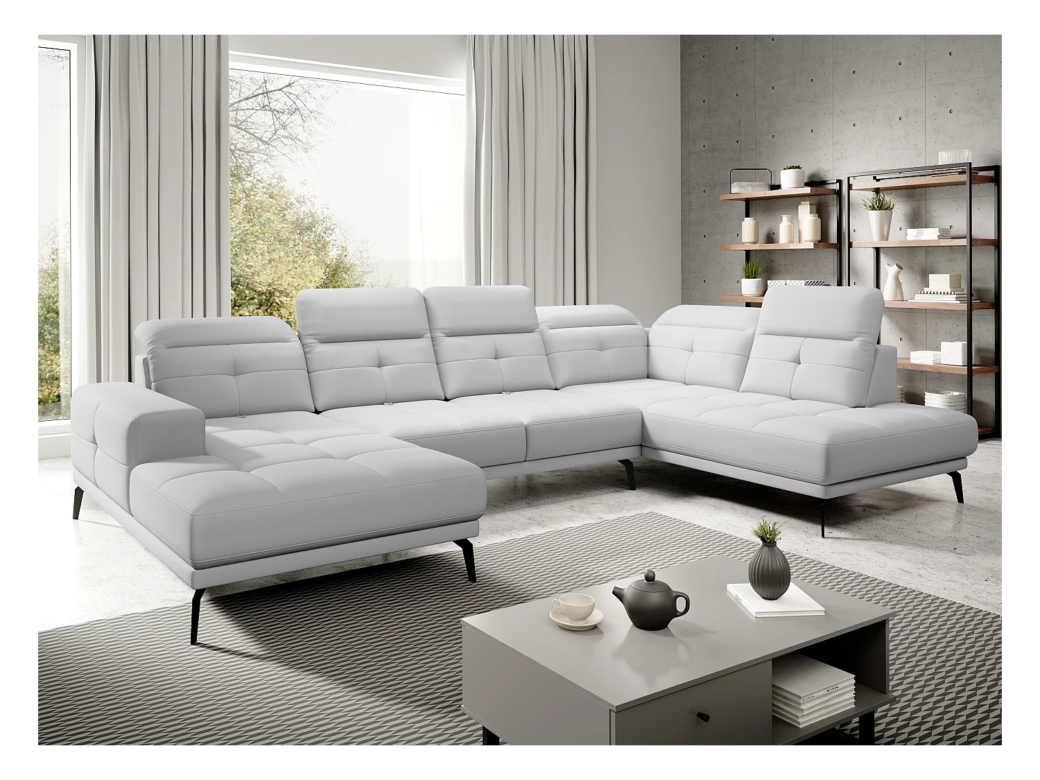 Canapé panoramique moderne simili cuir blanc angle droit Versus 350cm