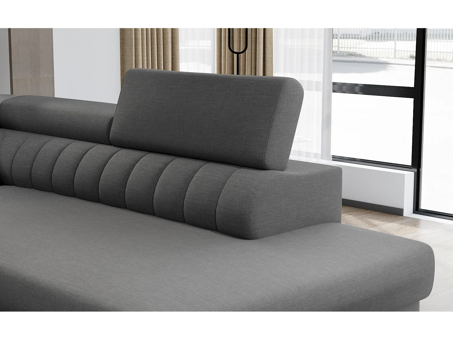 Canapé panoramique convertible tissu gris avec coffre de rangement Louve 340cm-Coffre de rangement à droite