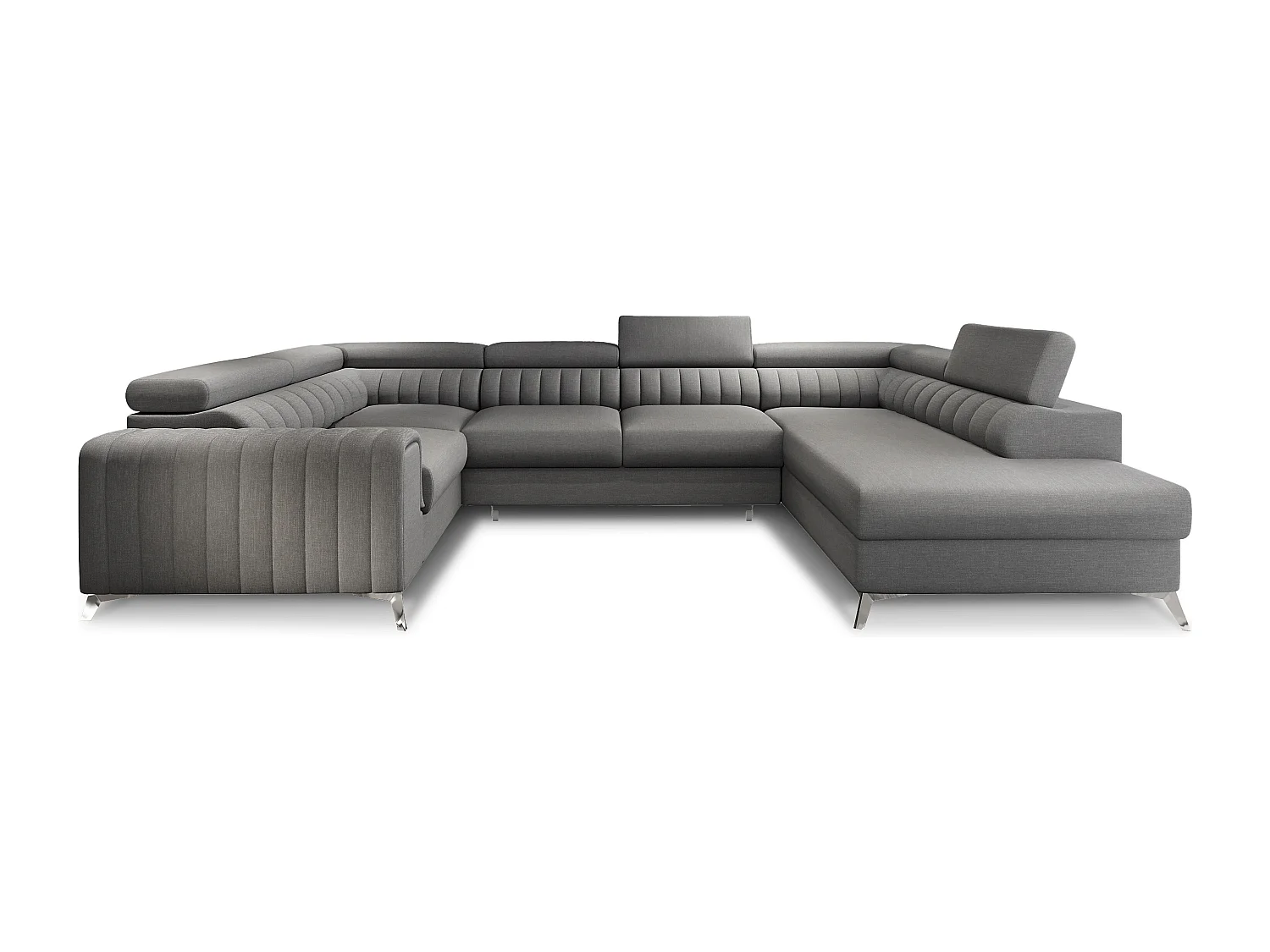 Canapé panoramique convertible LOUVE tissu - Rangement et têtières réglables-Gris foncé-Coffre à droite