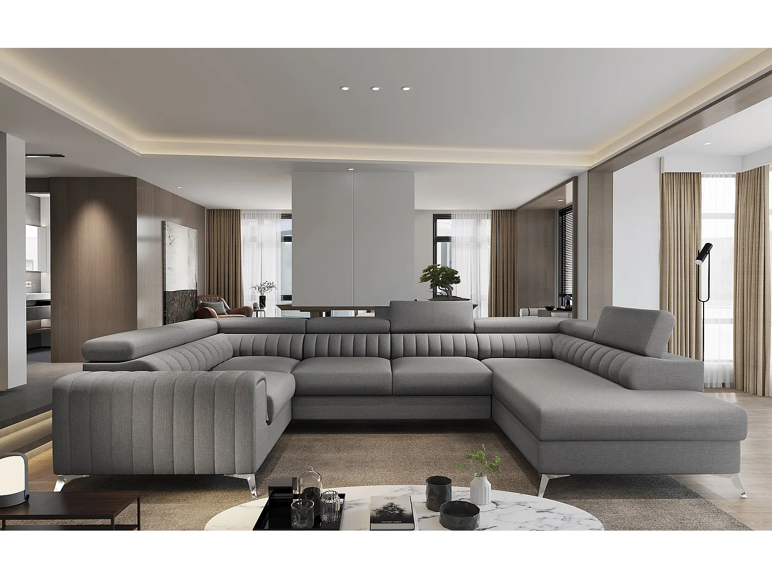 Canapé panoramique convertible LOUVE tissu - Rangement et têtières réglables-Gris foncé-Coffre à droite