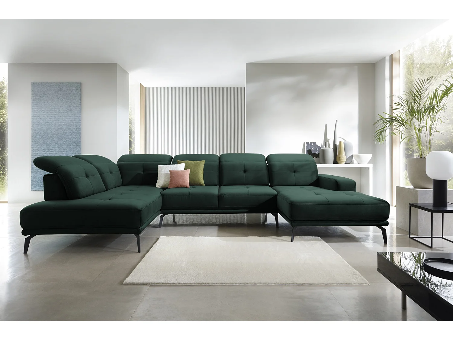 Canapé panoramique moderne velours vert foncé têtières angle gauche Versus 350cm 2