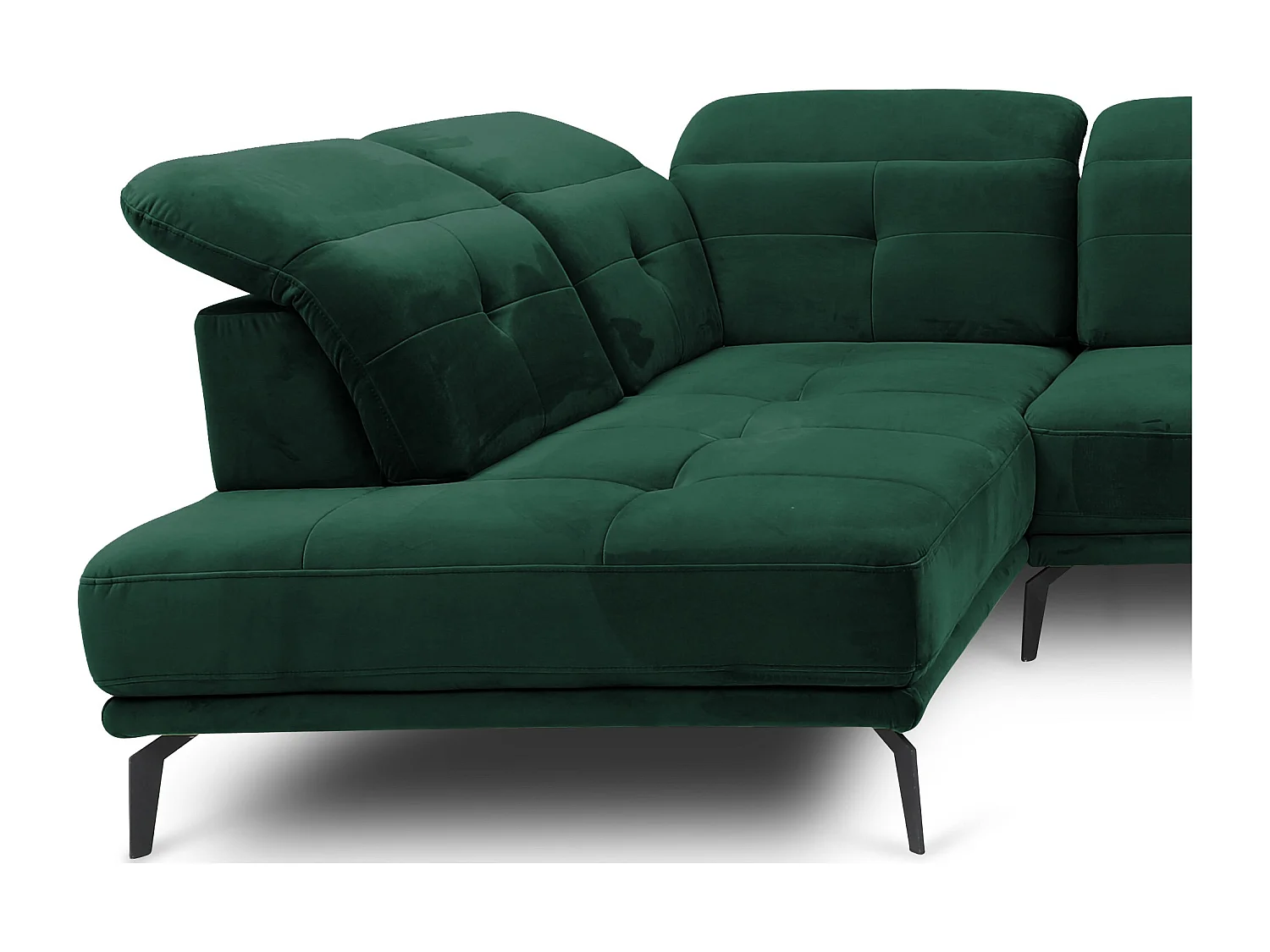 Canapé panoramique moderne velours vert foncé têtières angle gauche Versus 350cm 2