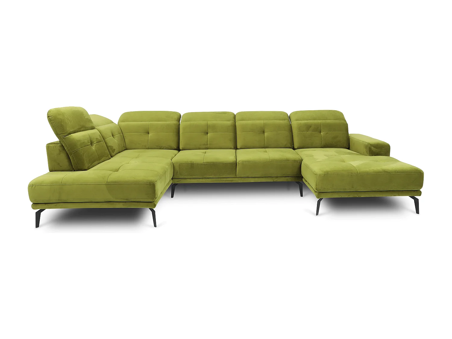 Canapé panoramique moderne velours vert foncé têtières angle gauche Versus 350cm 2