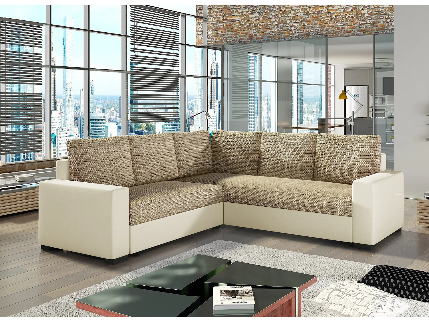 Converteerbare hoekbank in imitatie en gemêleerde beige stof Travor 235 cm