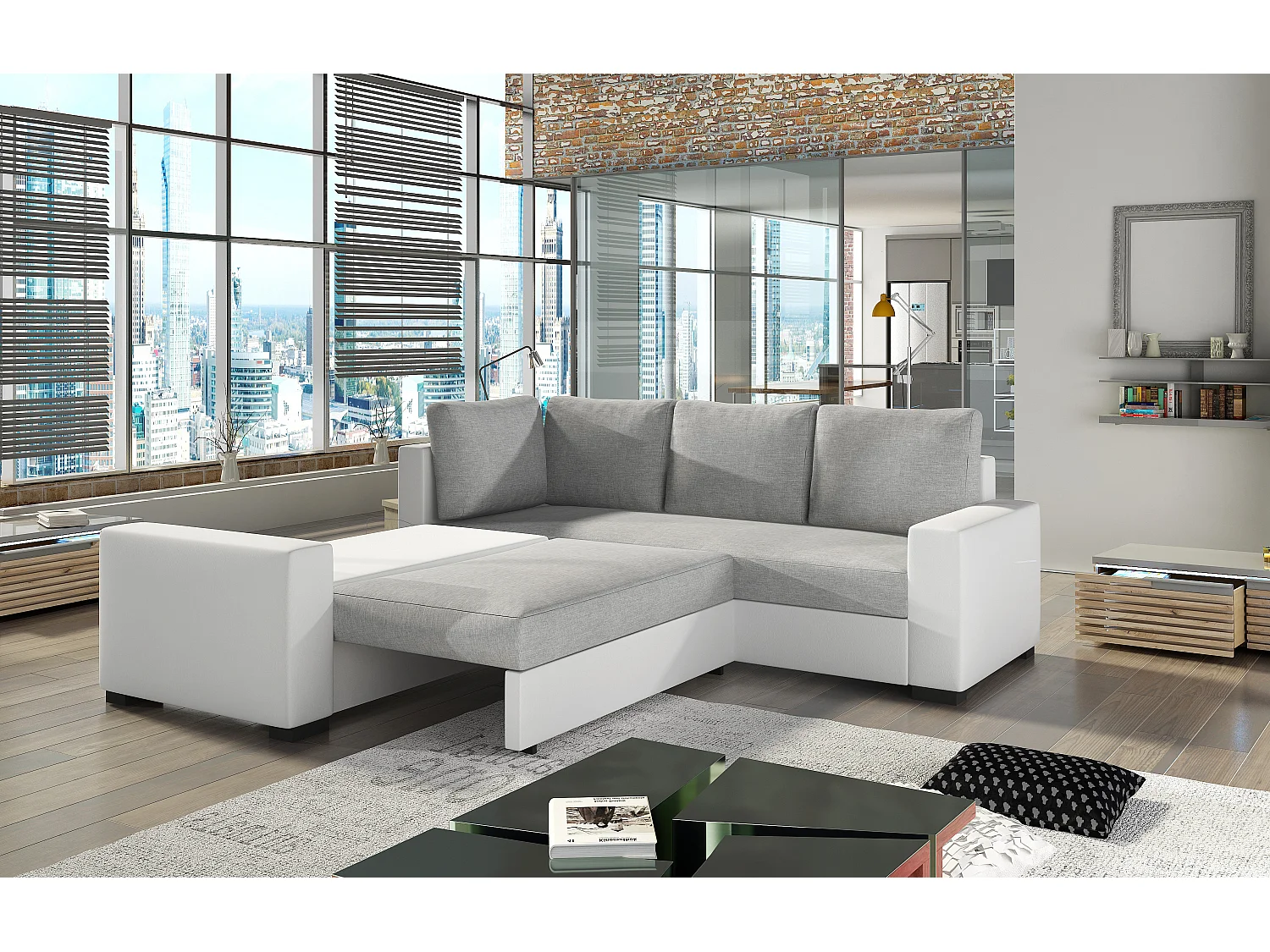 Converteerbare hoekbank in imitatie en gemêleerde beige stof Travor 235 cm