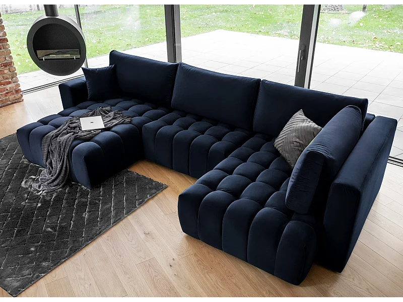 Canapé panoramique convertible design capitonné velours bleu nuit méridienne gauche Boston 350cm