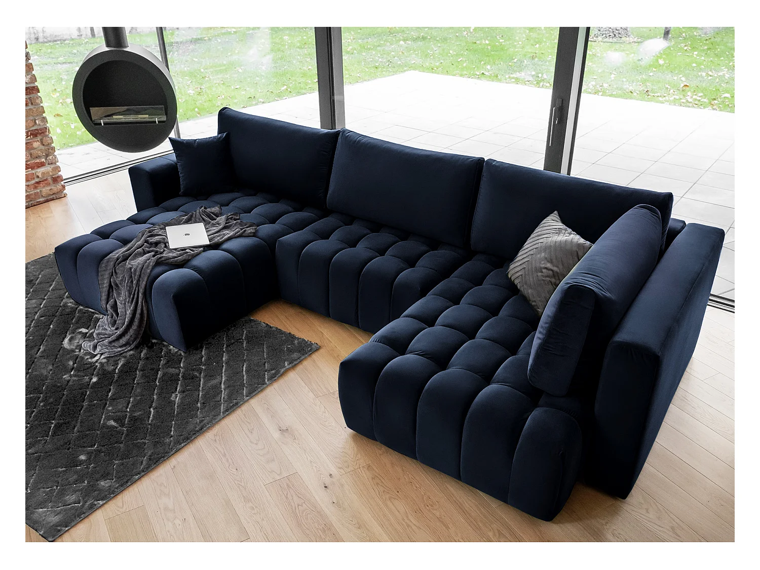 Panoramische converteerbare designbank gecapitonneerd nachtblauw fluweel links chaise longue Boston 350 cm