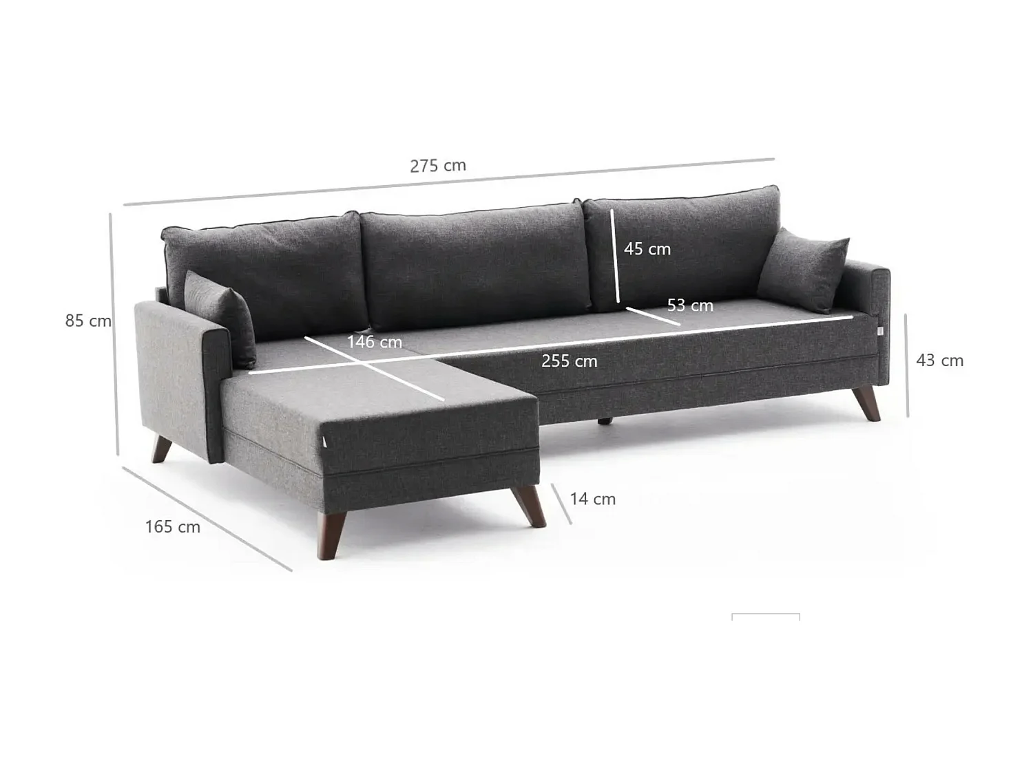 Linkerhoekbank 5 plaatsen donkergrijze stof Kandy 275 cm