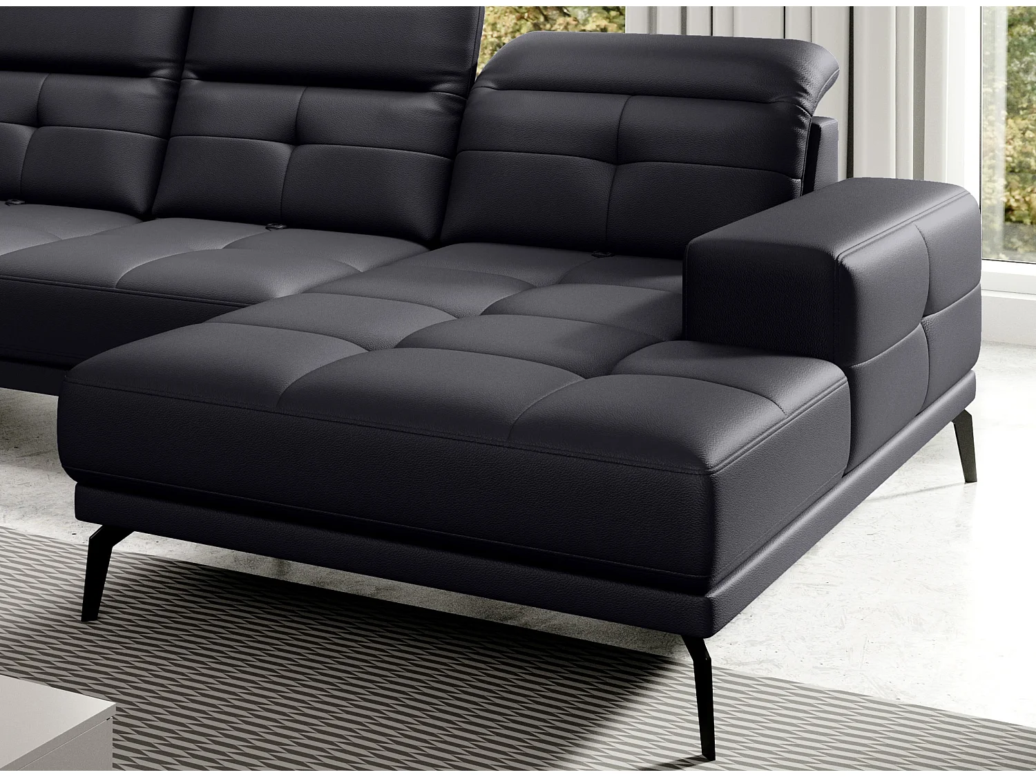 Moderne panoramische bank zwart kunstleer links hoek Versus 350 cm