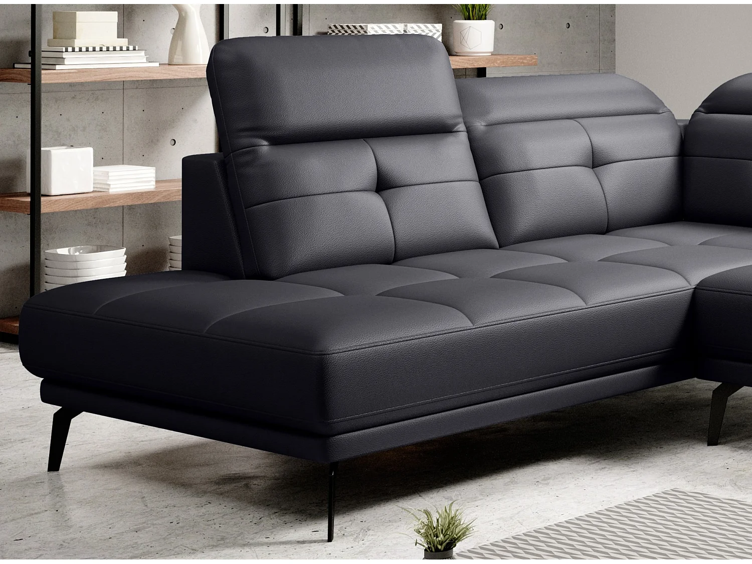 Moderne panoramische bank zwart kunstleer links hoek Versus 350 cm