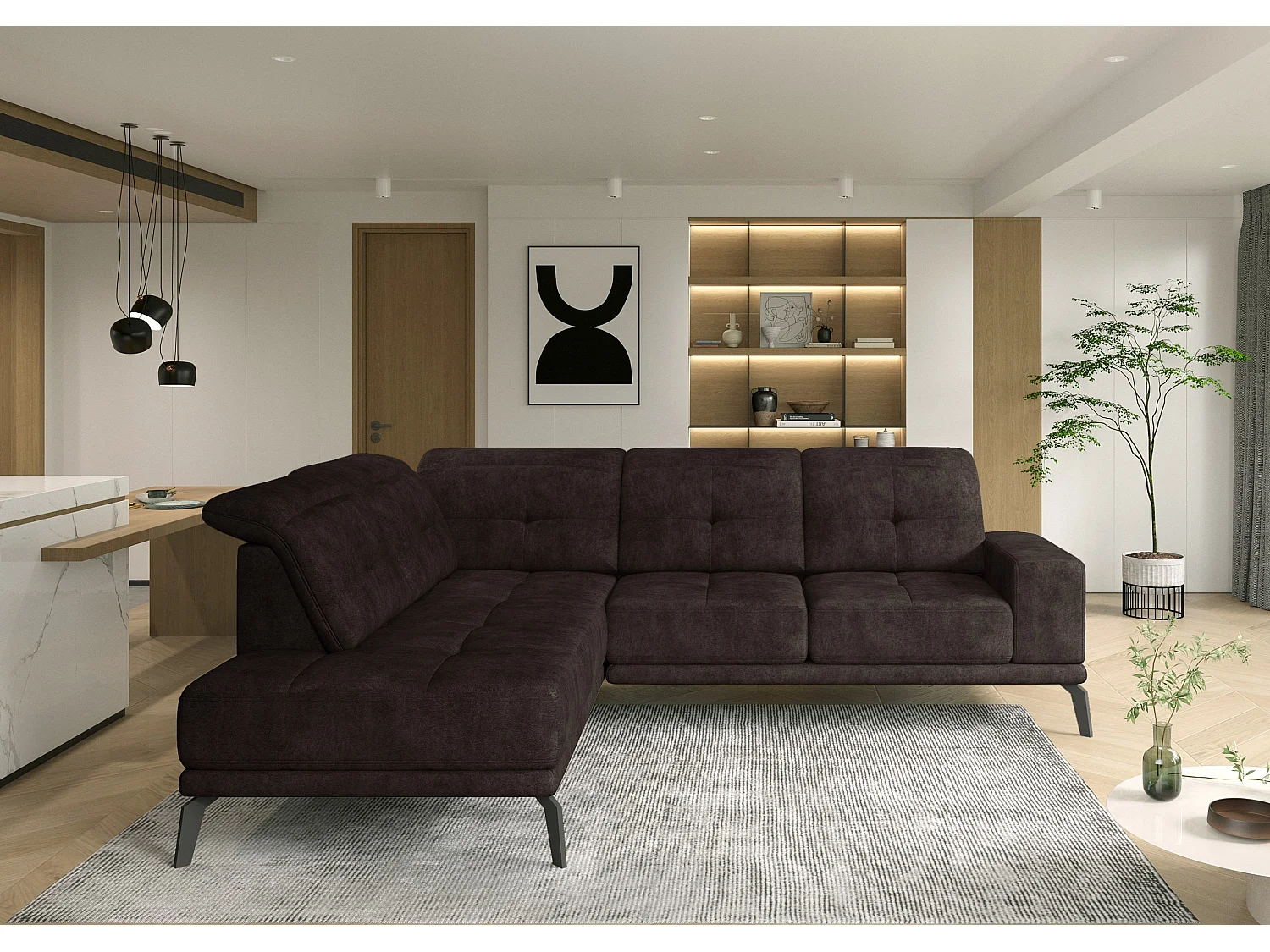 Canapé d'angle gauche vintage matelassé tissu vintage marron et pied noir Kazane 275cm