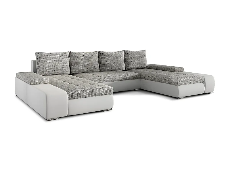 Grand canapé convertible panoramique design tissu gris clair chiné et simili cuir blanc avec coffre de rangement Tino 363cm