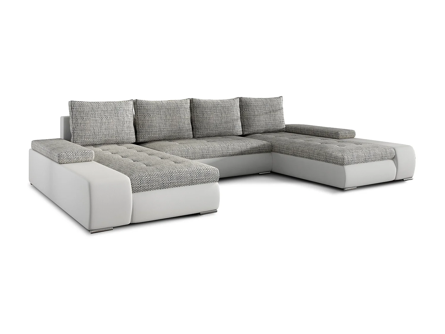 Grand canapé convertible panoramique design tissu gris clair chiné et simili cuir blanc avec coffre de rangement Tino 363cm