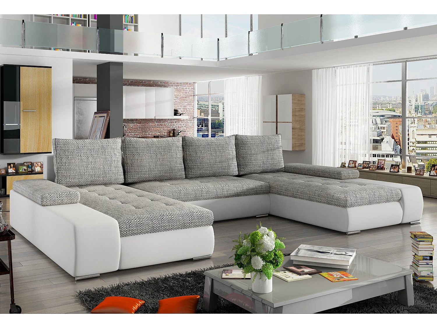 Grand canapé convertible panoramique design tissu gris clair chiné et simili cuir blanc avec coffre de rangement Tino 363cm