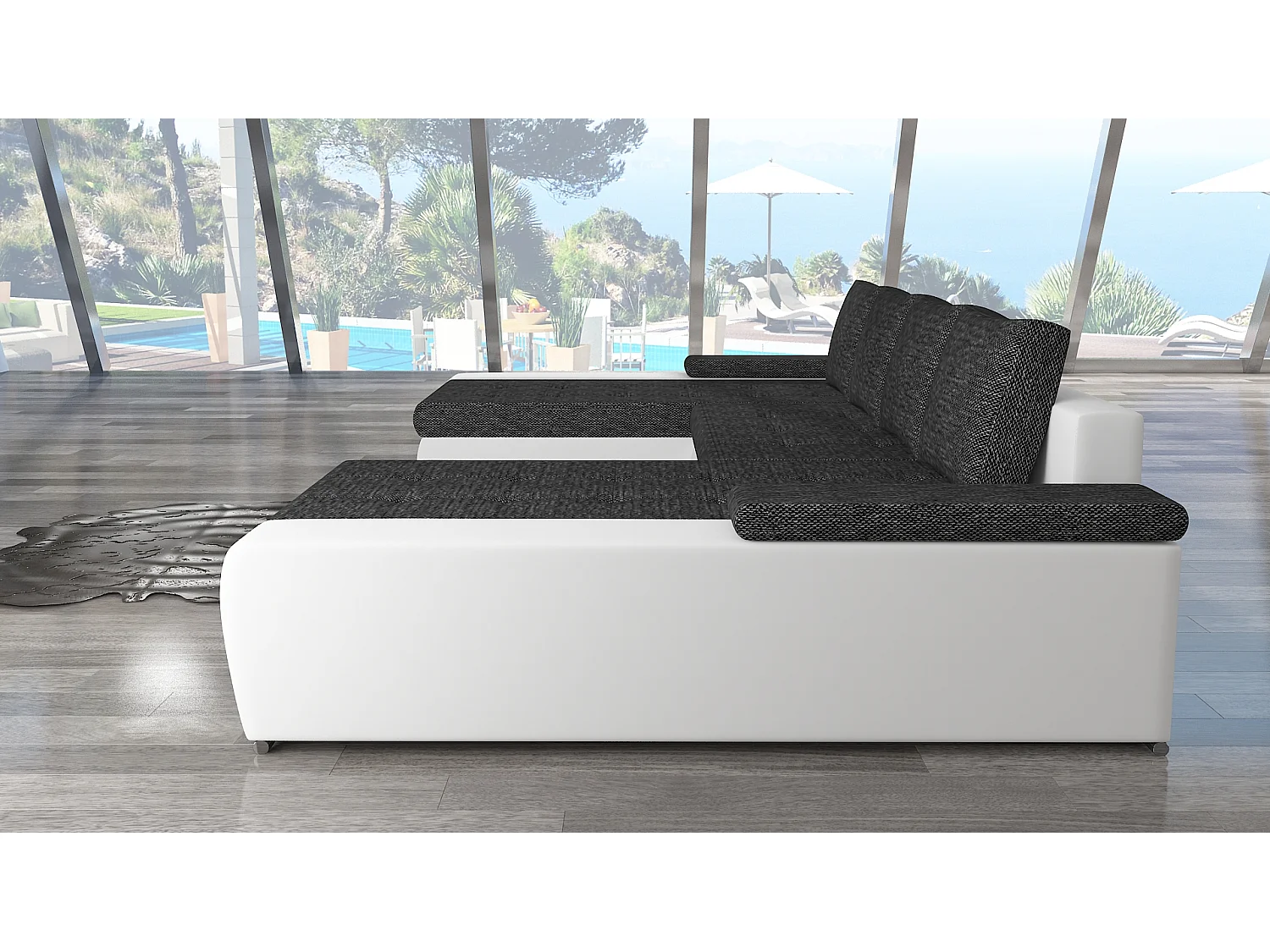 Grand canapé convertible panoramique design tissu gris clair chiné et simili cuir blanc avec coffre de rangement Tino 363cm