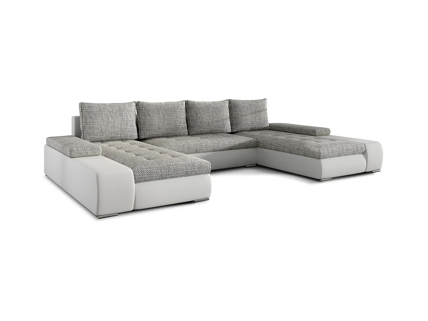 Grand canapé convertible panoramique design tissu gris clair chiné et simili cuir blanc avec coffre de rangement Tino 363cm